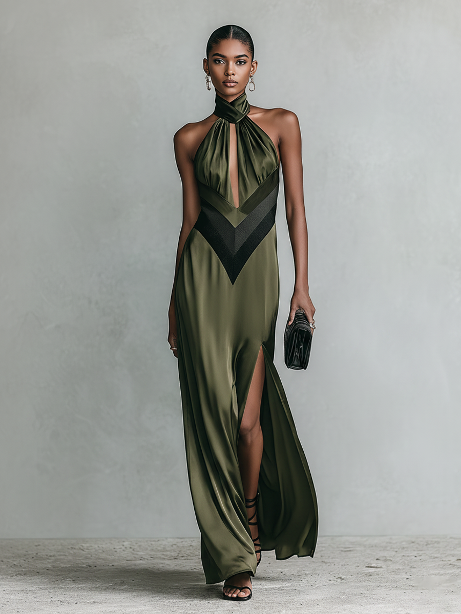 Women's Olive Green Satin Halter Maxi Dress With Keyhole Cutout & Chevron Detail, Timeless Formal Evening Gown MDZ2876D6LYL