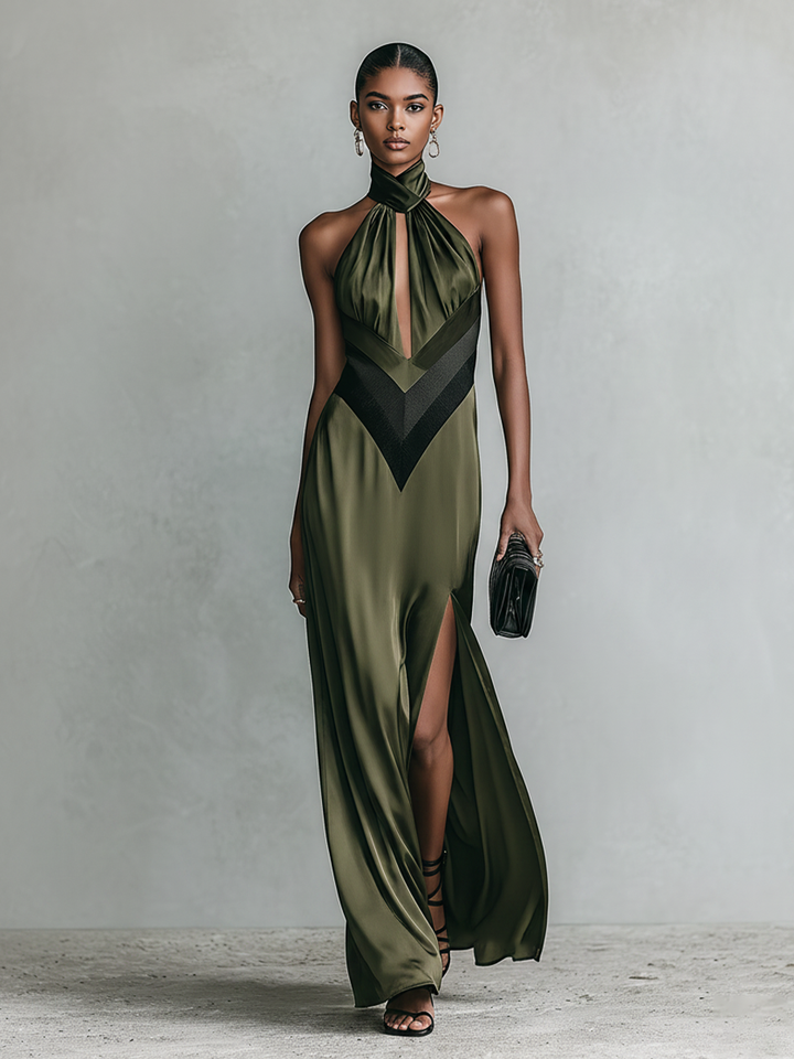 Women's Olive Green Satin Halter Maxi Dress With Keyhole Cutout & Chevron Detail, Timeless Formal Evening Gown MDZ2876D6LYL