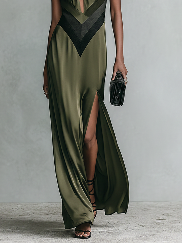 Women's Olive Green Satin Halter Maxi Dress With Keyhole Cutout & Chevron Detail, Timeless Formal Evening Gown MDZ2876D6LYL