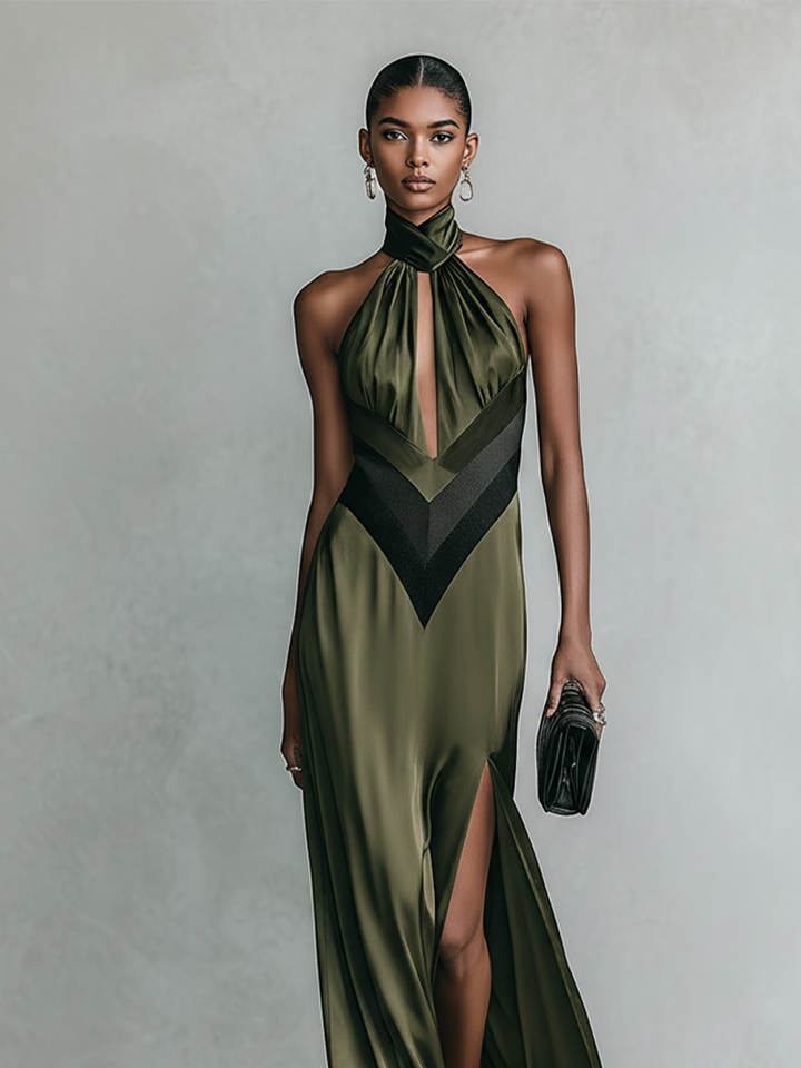 Women's Olive Green Satin Halter Maxi Dress With Keyhole Cutout & Chevron Detail, Timeless Formal Evening Gown MDZ2876D6LYL