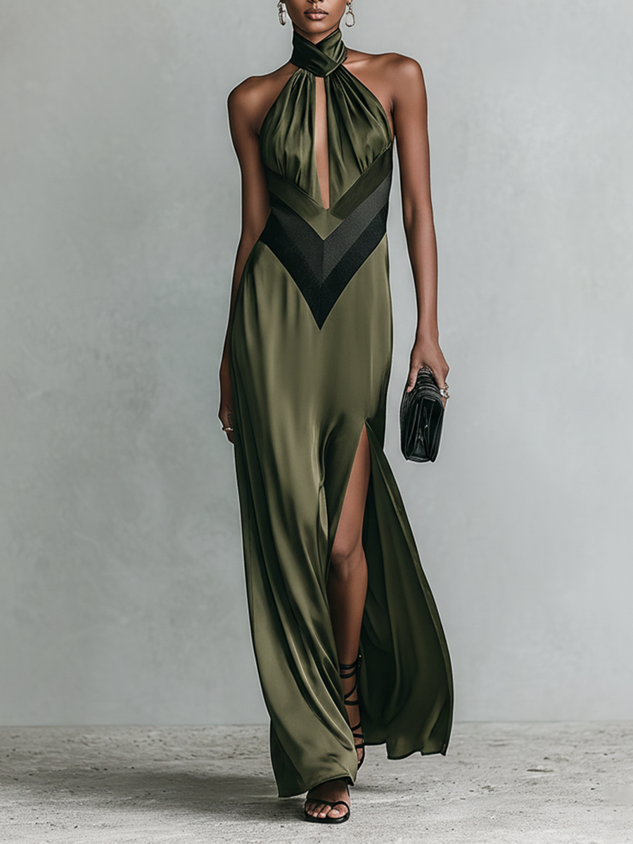 Women's Olive Green Satin Halter Maxi Dress With Keyhole Cutout & Chevron Detail, Timeless Formal Evening Gown MDZ2876D6LYL