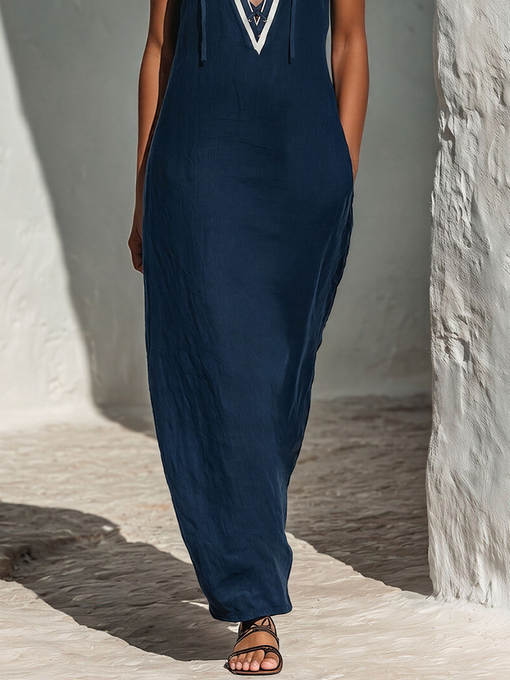 Women’s Navy Blue Linen-Blend Halter Neck Maxi Dress With Lace-Up Front & Contrast Trim MDZ2822D1T