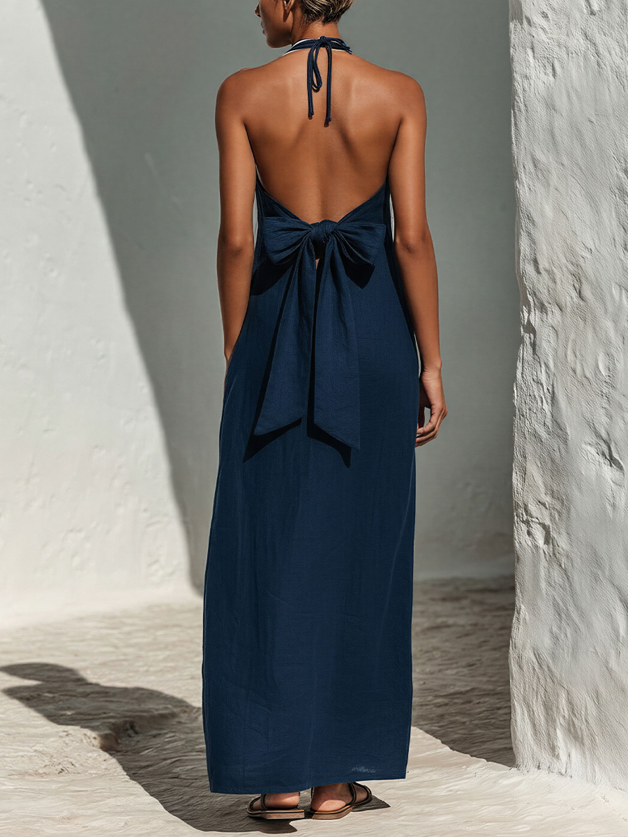 Women’s Navy Blue Linen-Blend Halter Neck Maxi Dress With Lace-Up Front & Contrast Trim MDZ2822D1T