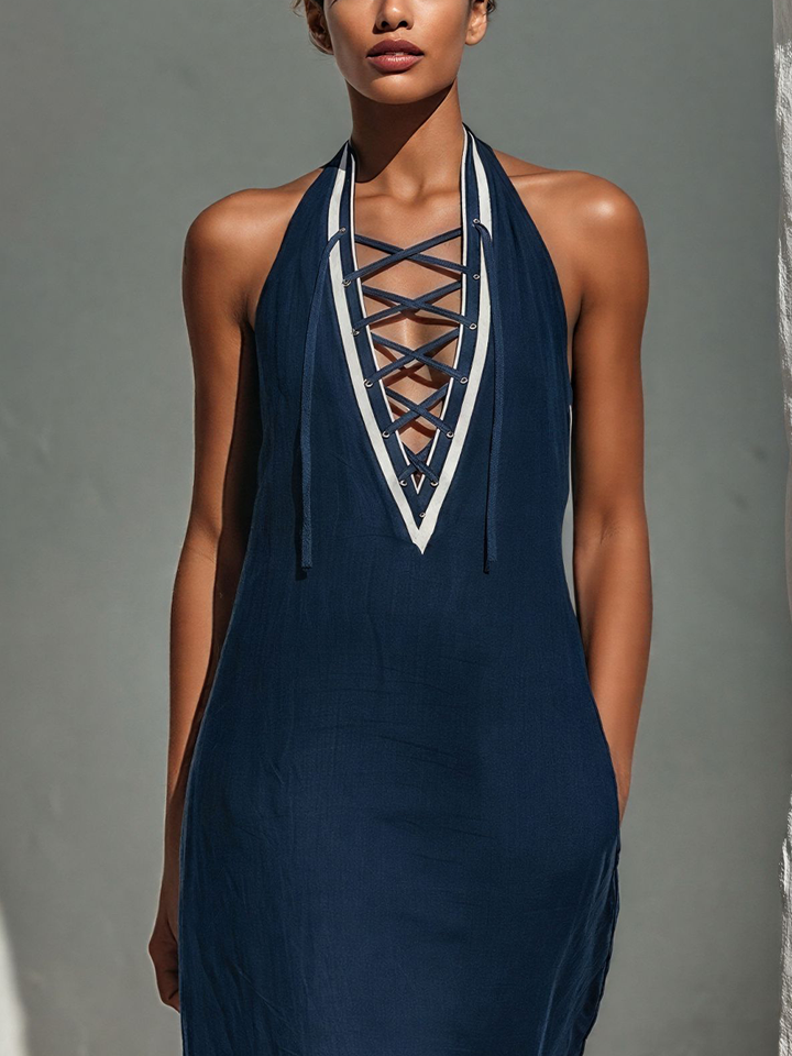 Women’s Navy Blue Linen-Blend Halter Neck Maxi Dress With Lace-Up Front & Contrast Trim MDZ2822D1T