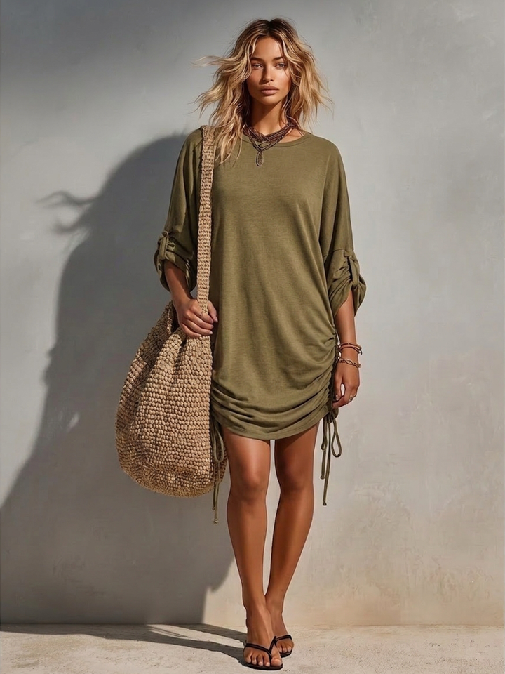 Women's Olive Green Cotton T-Shirt Dress With Side Ruched Drawstrings & Roll-Up Sleeves, Timeless Casual Beach Cover-Up MDZ2855D5LYL