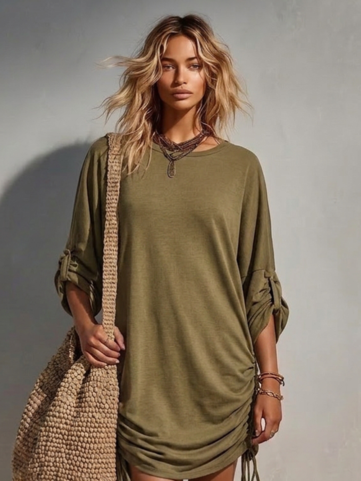Women's Olive Green Cotton T-Shirt Dress With Side Ruched Drawstrings & Roll-Up Sleeves, Timeless Casual Beach Cover-Up MDZ2855D5LYL