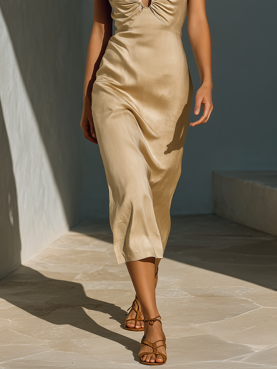 Women’s Champagne Satin Cowl Neck O-Ring Detail Slip Midi Dress MDZ2837D3T