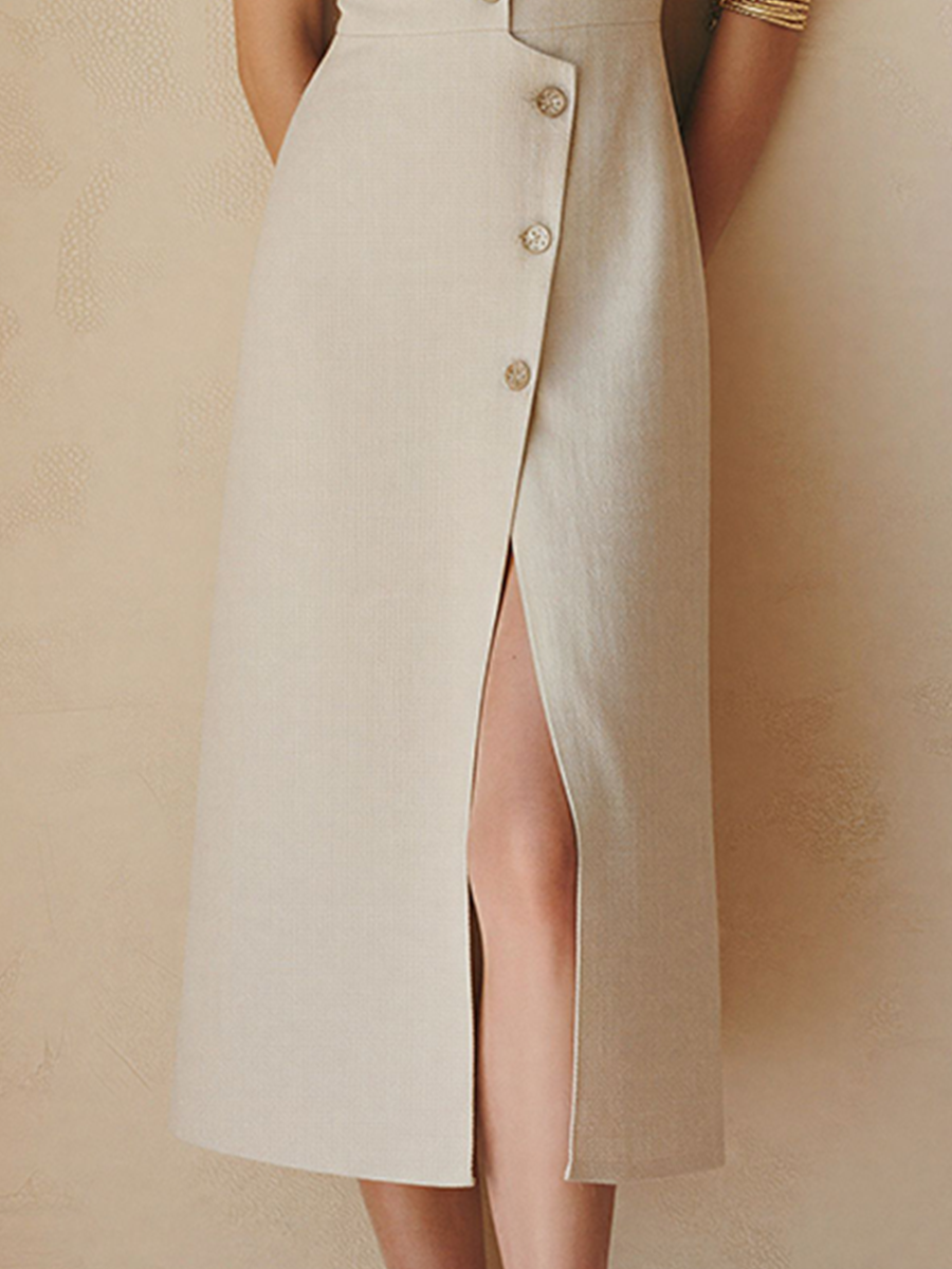 Women’s Beige Linen-Blend Sleeveless V-Neck Midi Dress With Asymmetrical Button Placket & Slit MDZ2800D5T