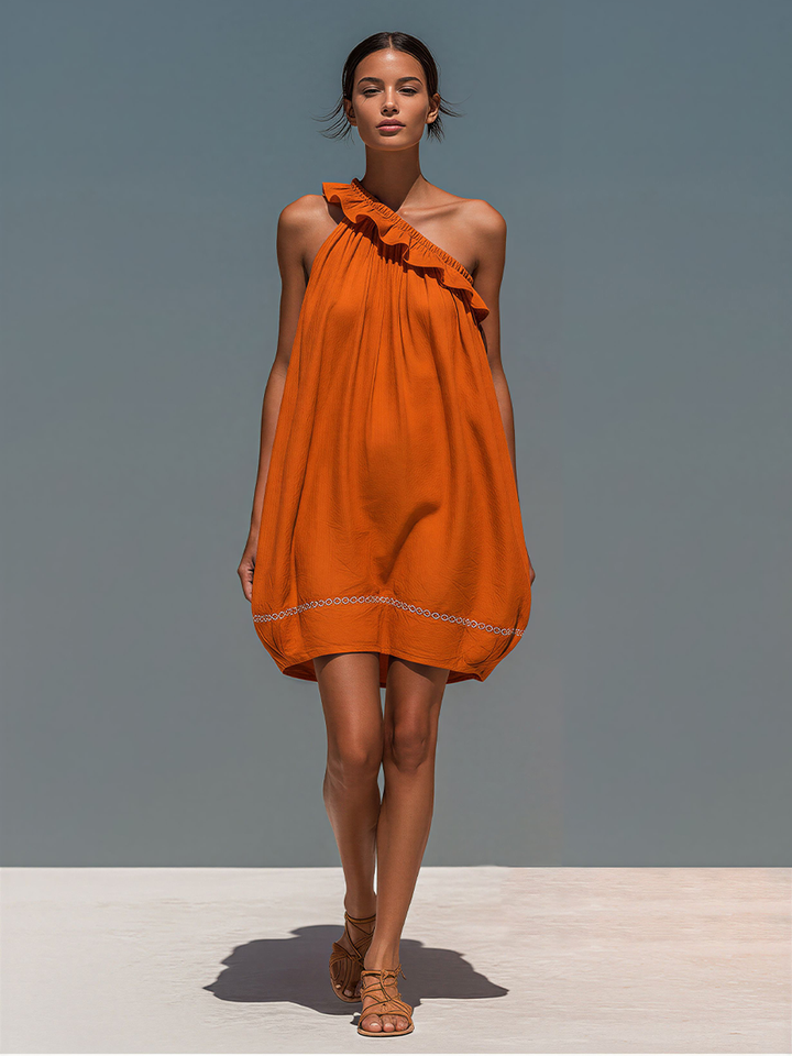 Women’s Orange Linen-Blend One-Shoulder Ruffled Mini Dress With Embroidered Hem MDZ2835D6T