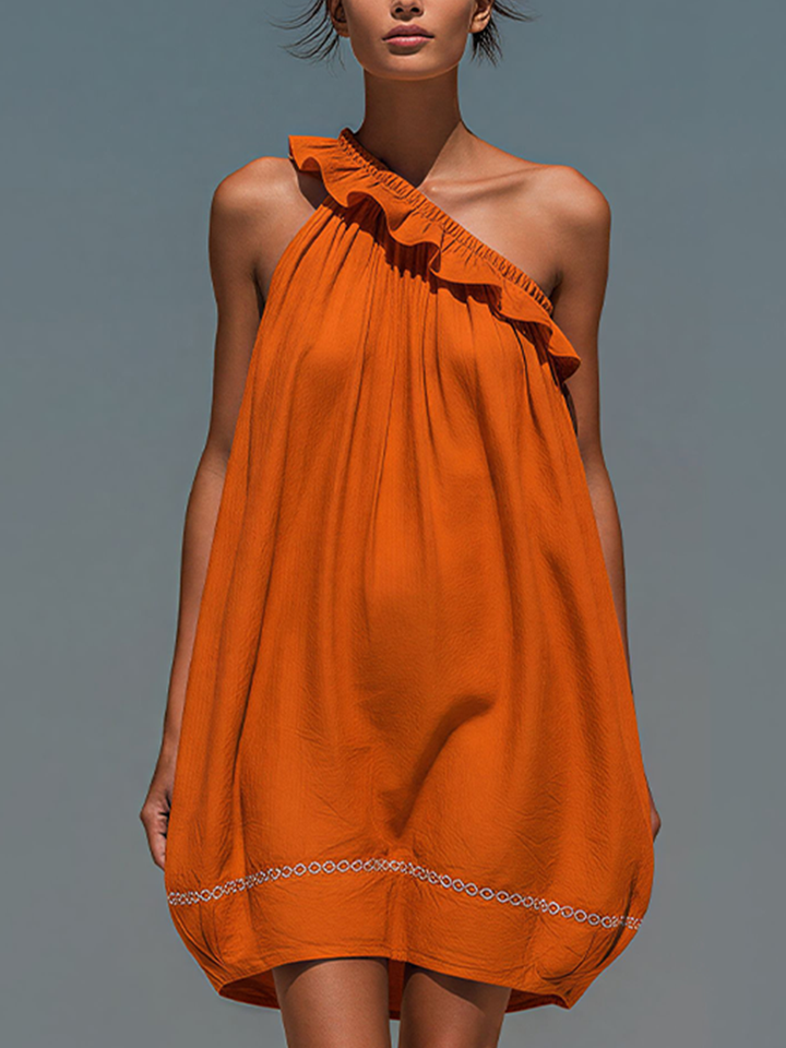 Women’s Orange Linen-Blend One-Shoulder Ruffled Mini Dress With Embroidered Hem MDZ2835D6T