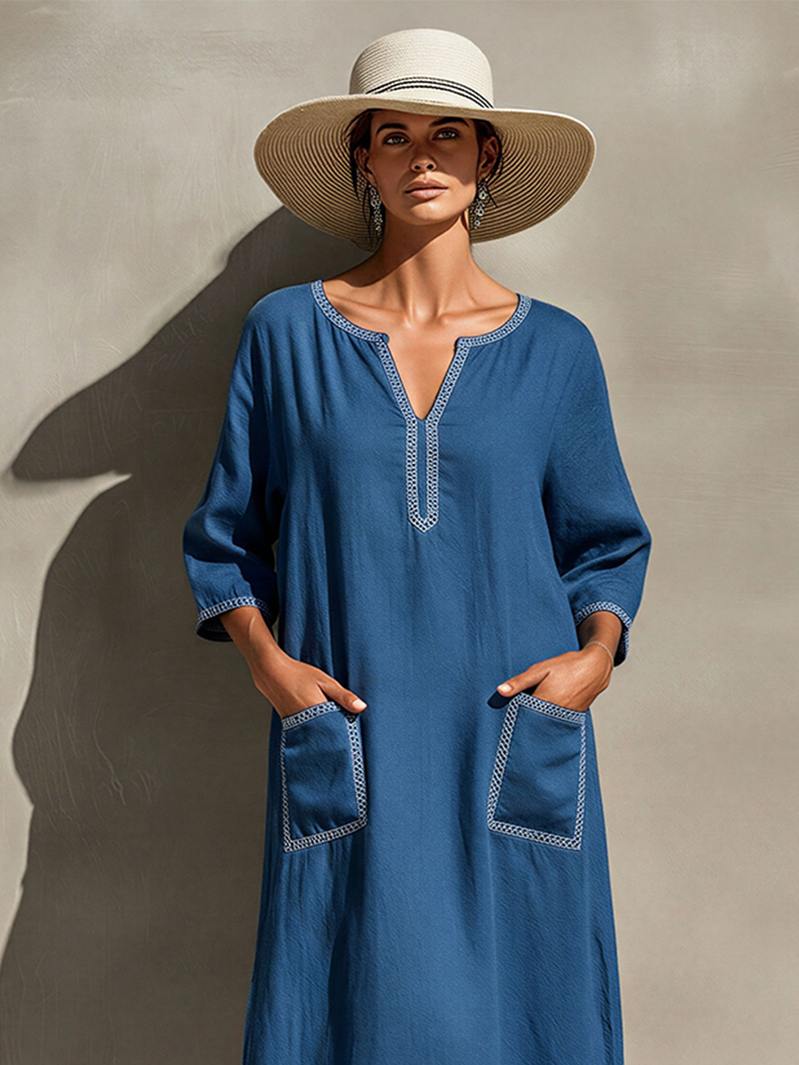 Women's Blue Linen-Blend Caftan Dress With Notch Neck & Side Slits, Timeless Casual Beach Cover-Up MDZ2898D9LYL