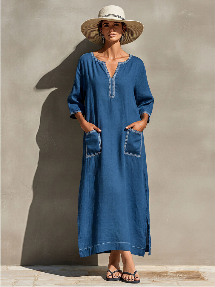 Women's Blue Linen-Blend Caftan Dress With Notch Neck & Side Slits, Timeless Casual Beach Cover-Up MDZ2898D9LYL