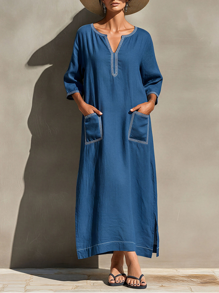 Women's Blue Linen-Blend Caftan Dress With Notch Neck & Side Slits, Timeless Casual Beach Cover-Up MDZ2898D9LYL