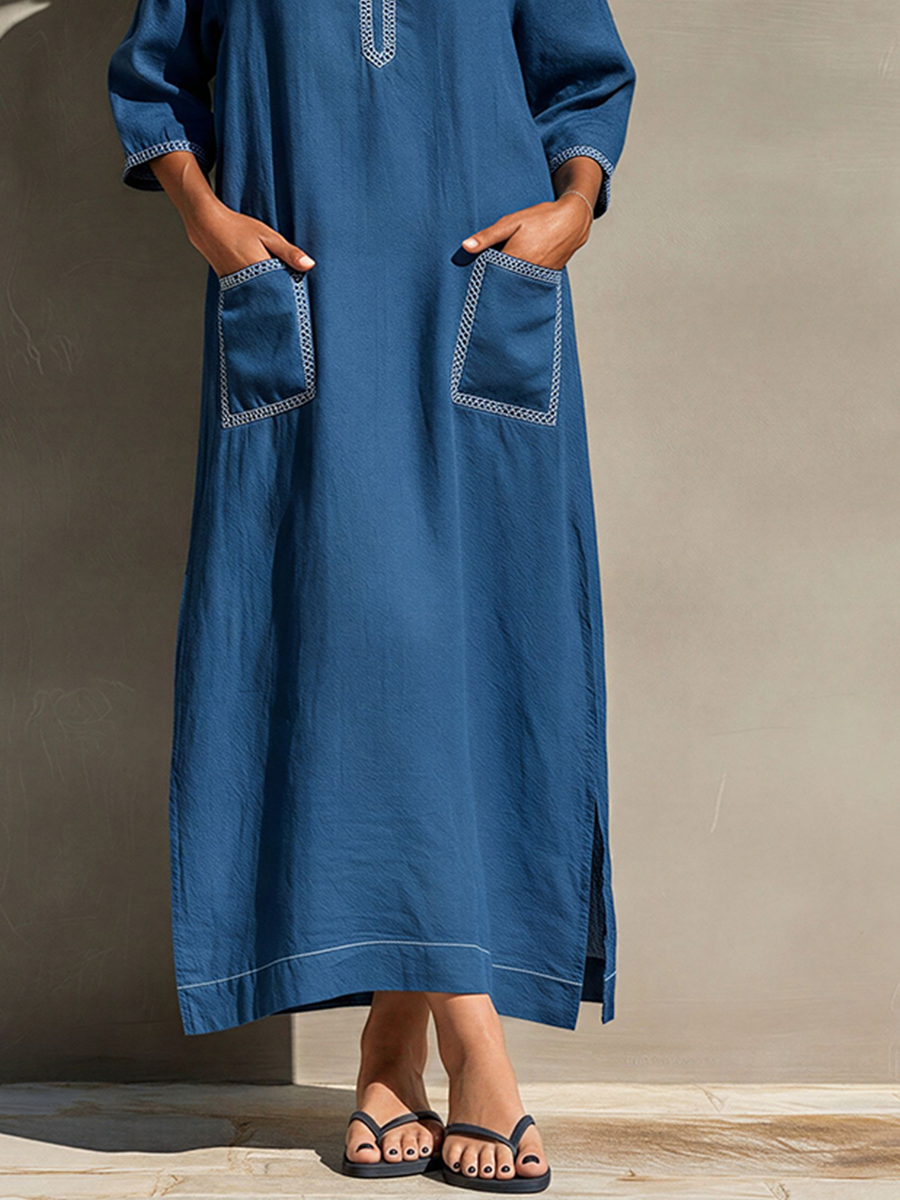 Women's Blue Linen-Blend Caftan Dress With Notch Neck & Side Slits, Timeless Casual Beach Cover-Up MDZ2898D9LYL