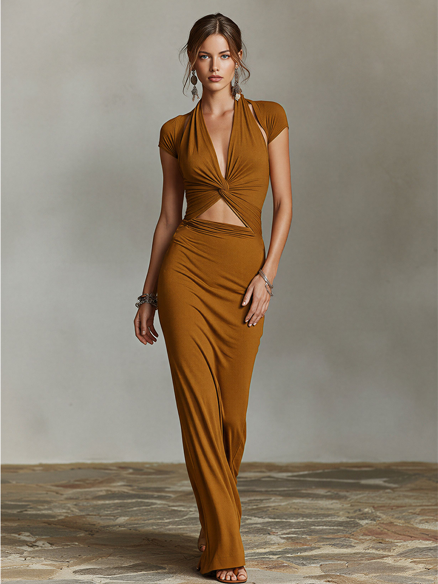 Women's Mustard Bodycon Maxi Dress With Deep V-Neck & Cap Sleeves, Contemporary Elegant Evening Dress MDZ2841D3LYL