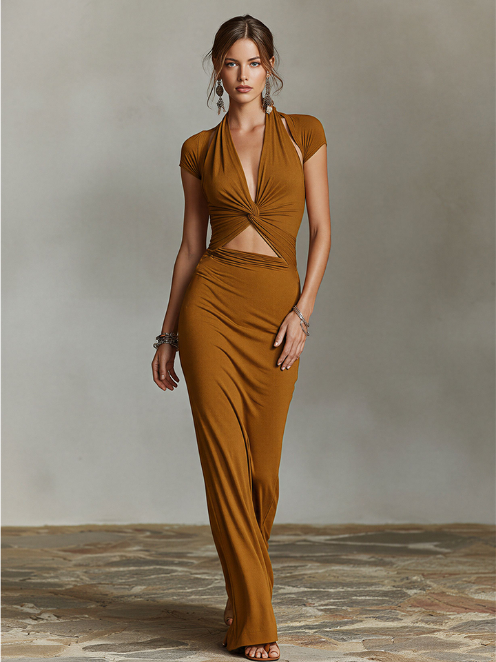 Women's Mustard Bodycon Maxi Dress With Deep V-Neck & Cap Sleeves, Contemporary Elegant Evening Dress MDZ2841D3LYL