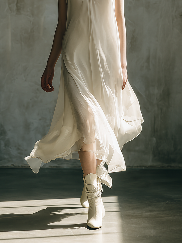 Women's Minimalist & Elegant Casual Off-White Chiffon Layered Sleeveless Midi Dress MDZ2799D6ZJW