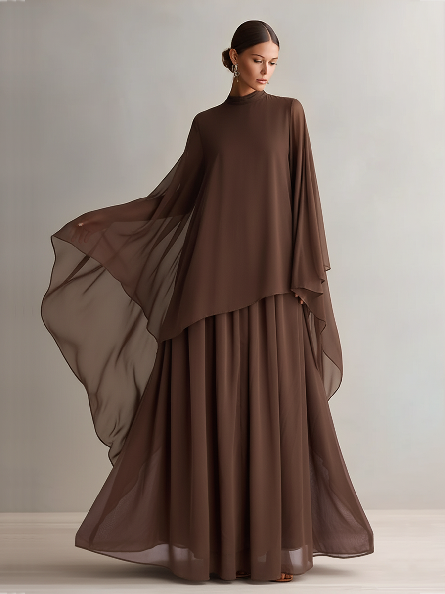 Women's Rich Brown Chiffon Dress With Flowy Maxi Silhouette & Cape-like Design, Modern Elegant-Glam Style Dress MDA1967L4I