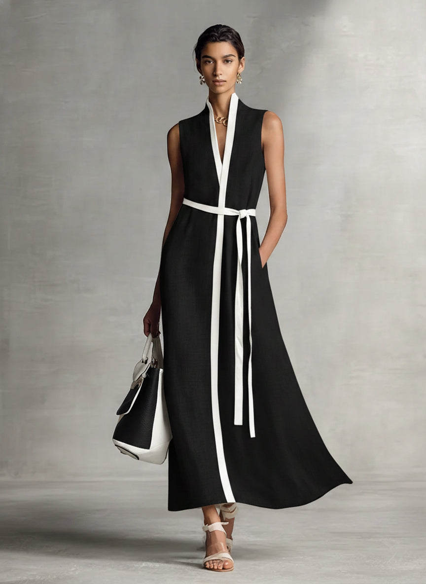 Women's Sleeveless V-Neck Tie-Waist Cotton Linen Maxi Dress MDZ1153B7BA