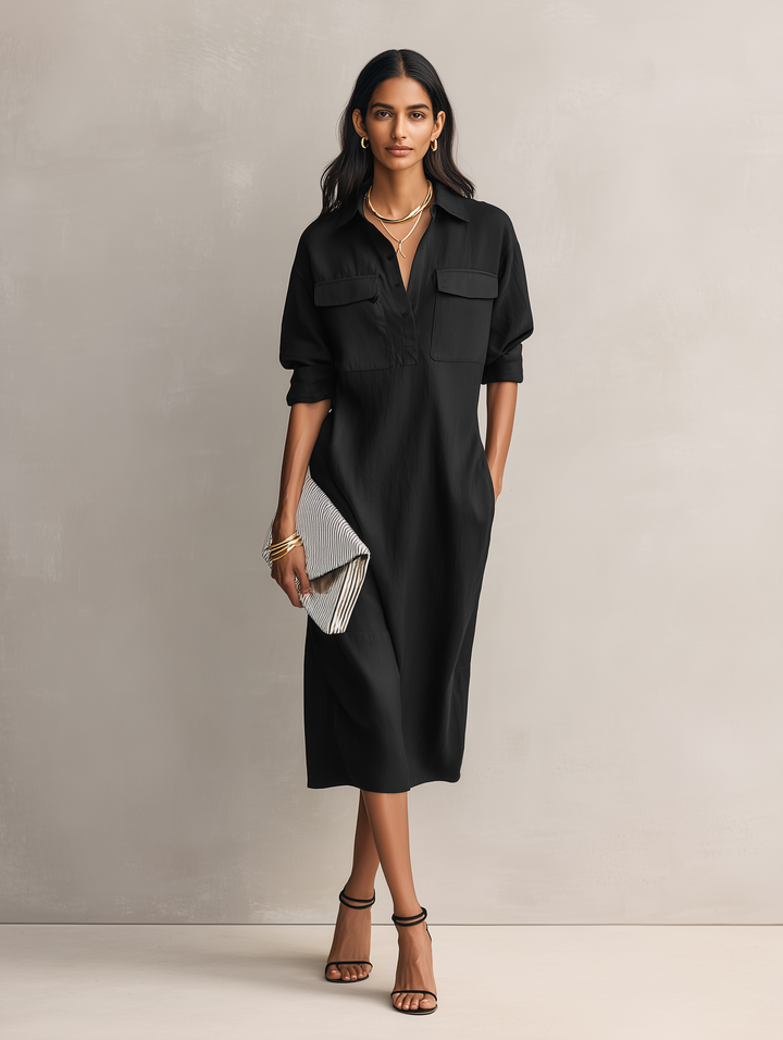 Women's Elegant Black Cotton-linen Blend Shirt Collar Short-sleeved Midi Dress MDZ0455C2AN