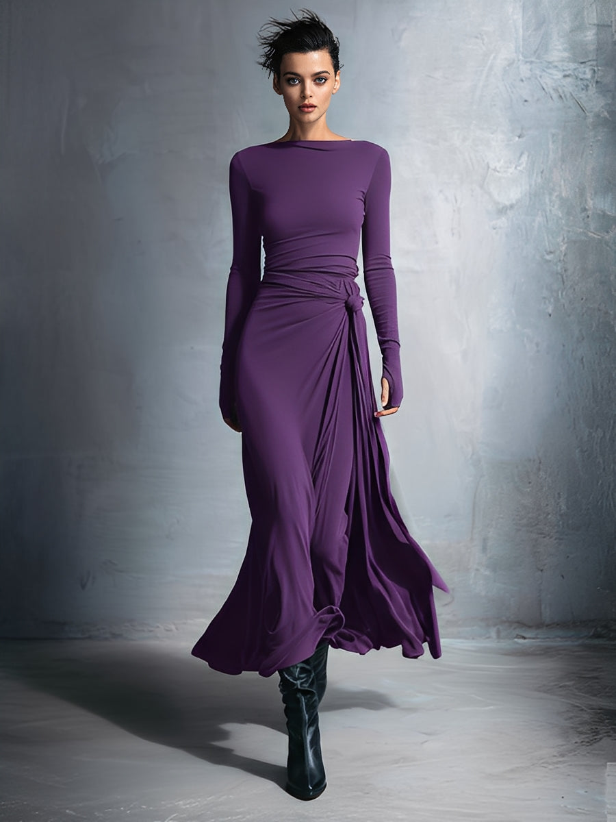 Women's Gray Exquisite Stretch Blended Fabric Wrap Dress - Knotted Maxi Dress MDA1401H9I
