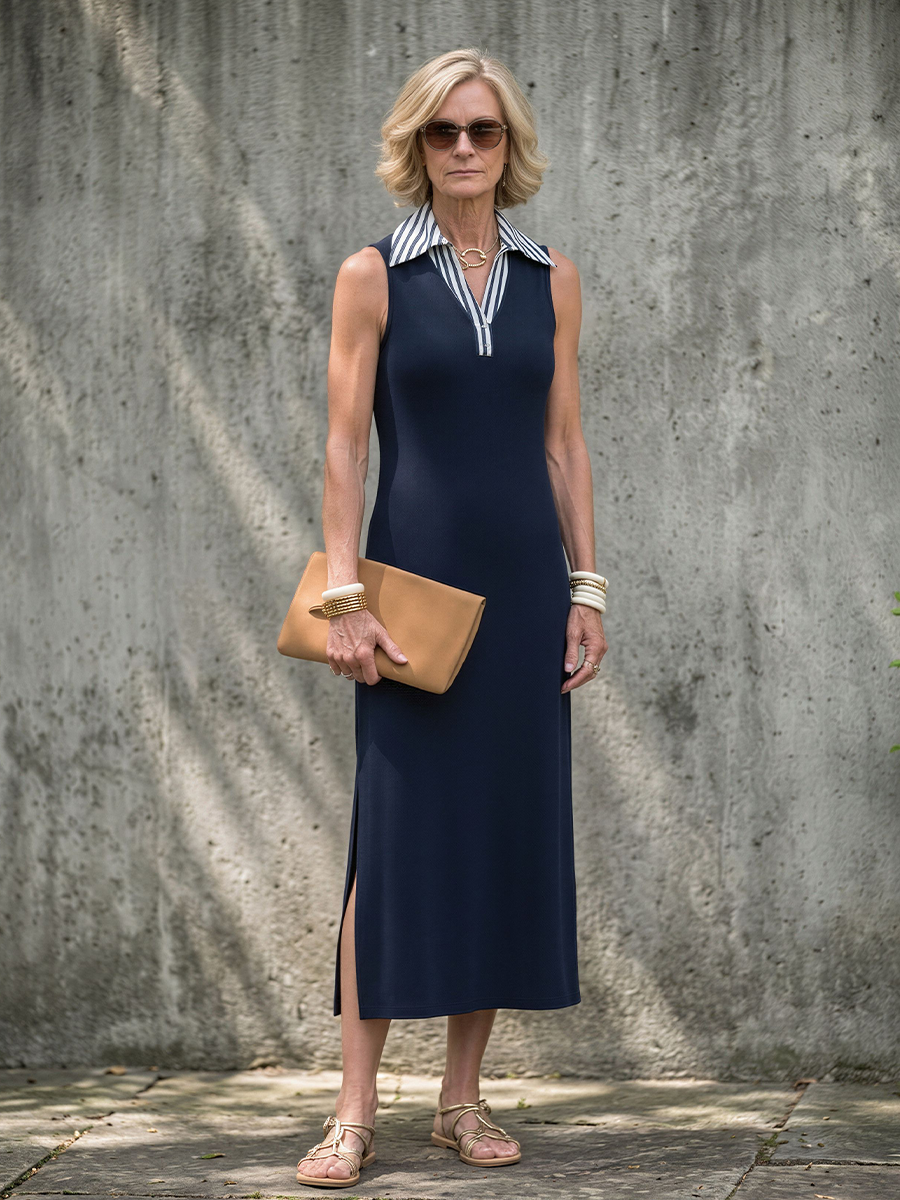 Women's Dark Blue Sleeveless Polo Dress With Contrast Collar, Modern Minimalist Everyday Midi Dress MDZ2722D4LYL