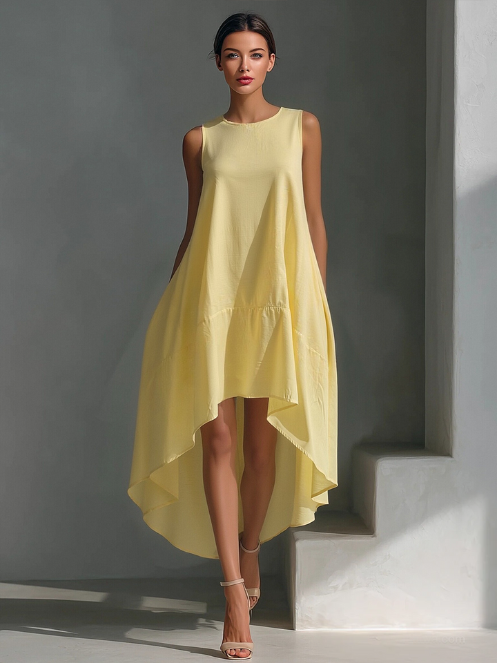 Women's White Linen Fabric Sleeveless Midi Dress With Round Neck & Asymmetric Hem MDZ0987B9T