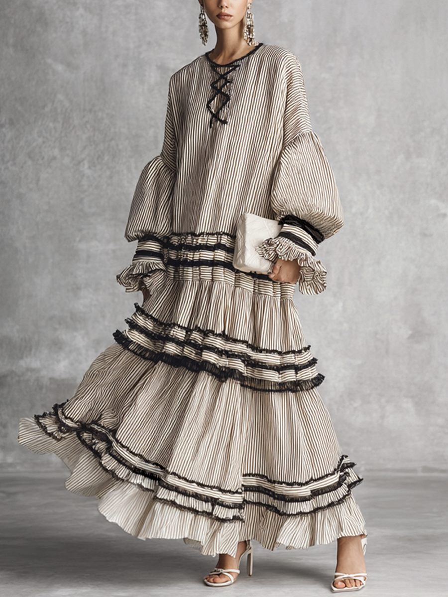 Women's Boho Striped Ruffle Tiered Cotton Blend Long Sleeve Maxi Dress MDZ1426B2BA
