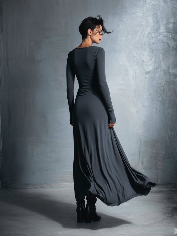 Women's Gray Exquisite Stretch Blended Fabric Wrap Dress - Knotted Maxi Dress MDA1401H9I