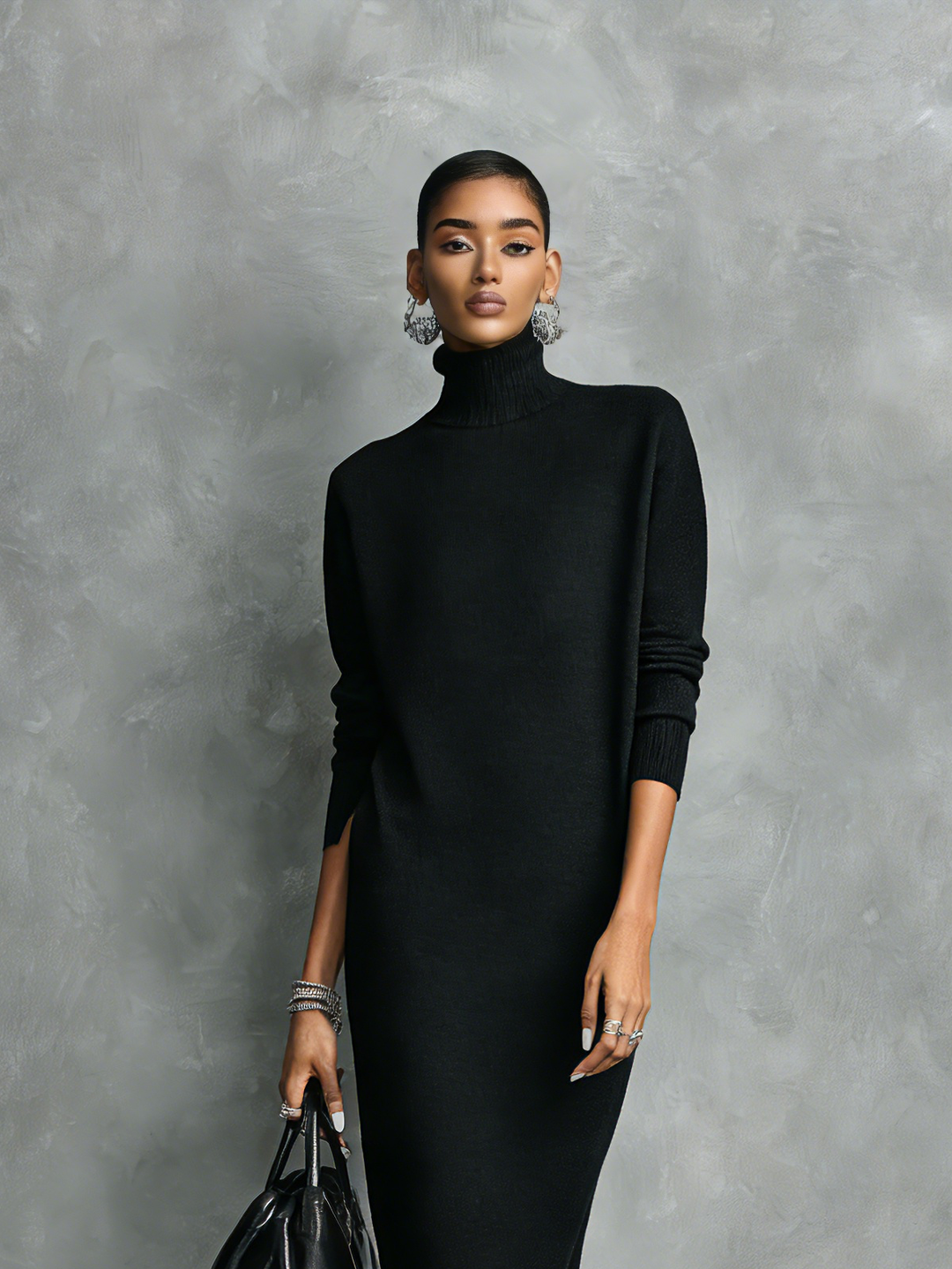Women's Elegant Black Knitted Turtleneck Long-sleeved Loose-fitting  Midi Dress With No Pockets MDA1974L7AN