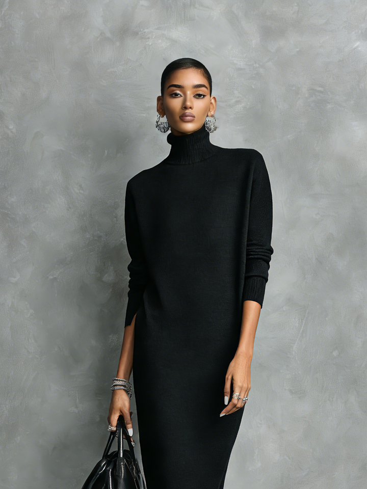 Women's Elegant Black Knitted Turtleneck Long-sleeved Loose-fitting  Midi Dress With No Pockets MDA1974L7AN