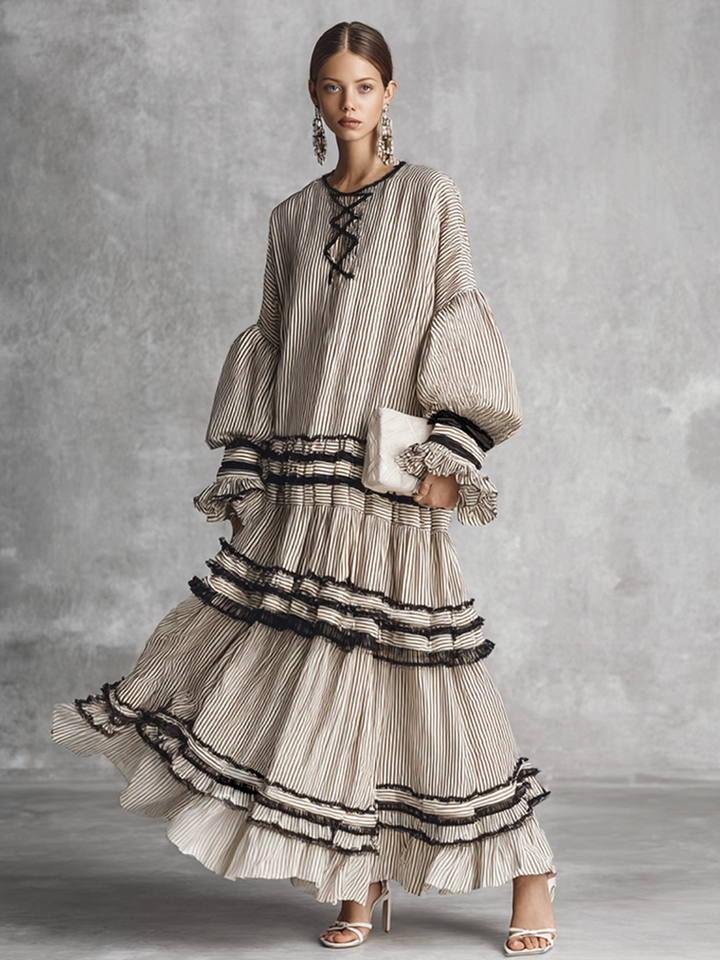 Women's Boho Striped Ruffle Tiered Cotton Blend Long Sleeve Maxi Dress MDZ1426B2BA