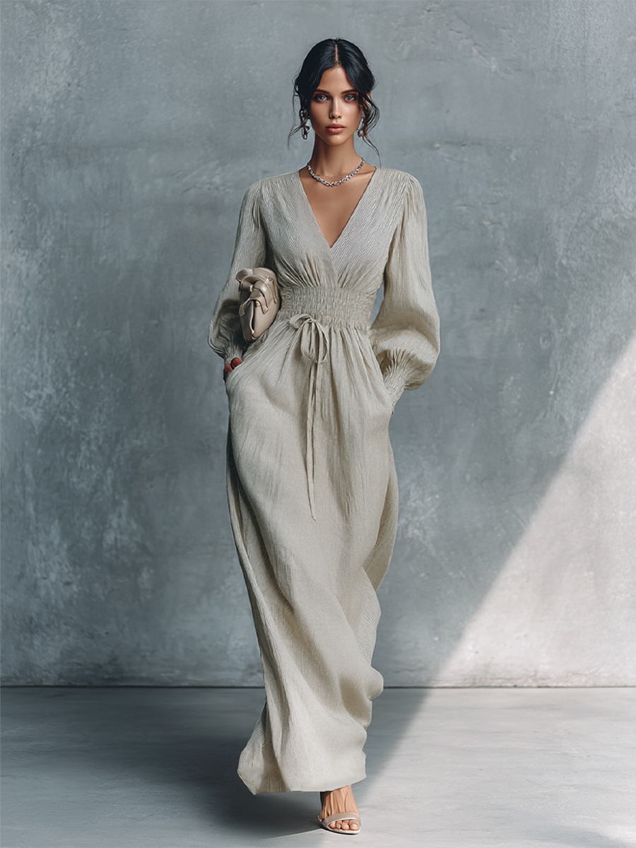 Women's Beige Cotton Linen Striped V-Neck Shirred Waist Maxi Dress MDZ0361C4BA