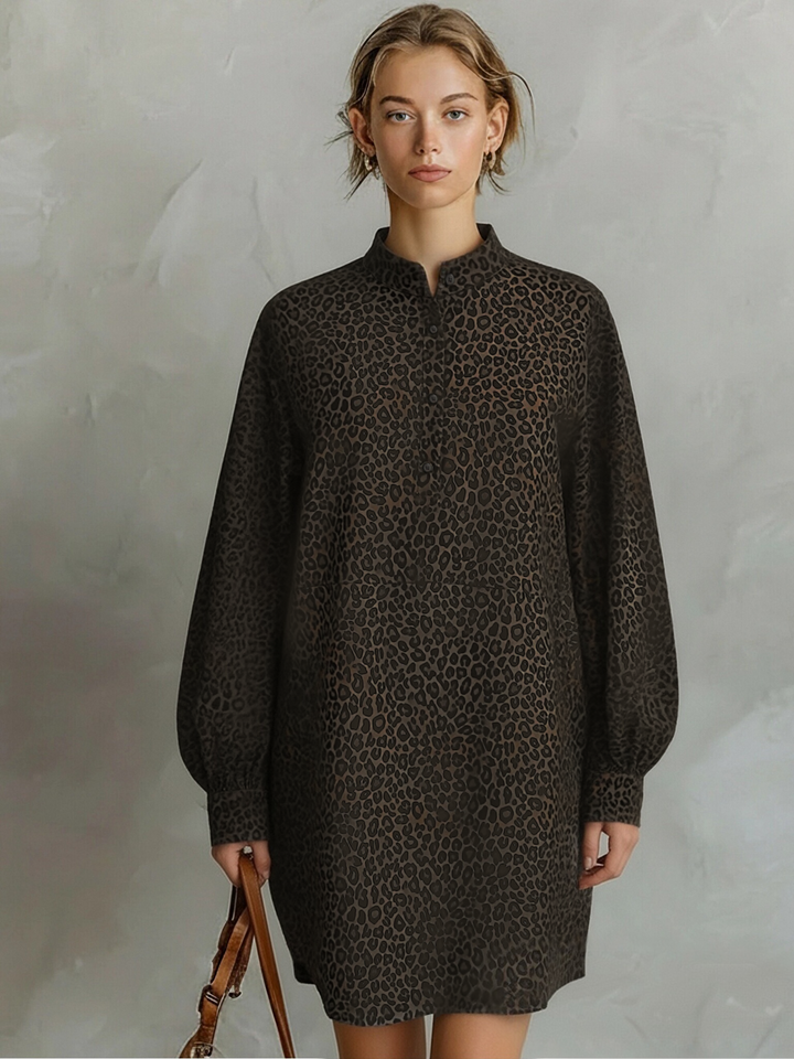 Women's Fashionable Brown Leopard Print Loose Open Neckline Long Sleeve Dress MDA1895L2AN