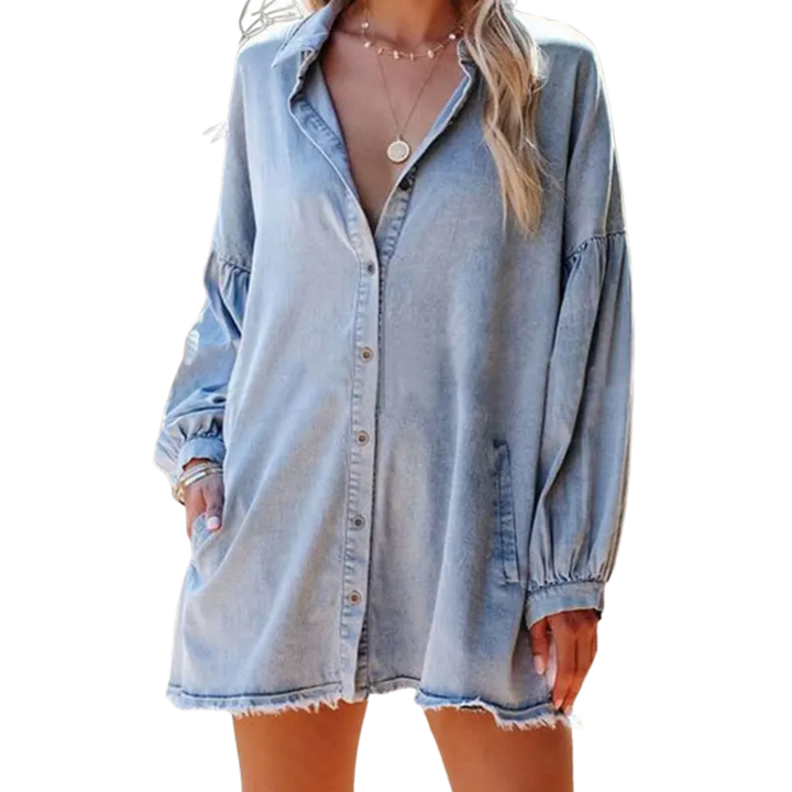 DELVINA™ – Oversized Distressed Denim Tunic Dress