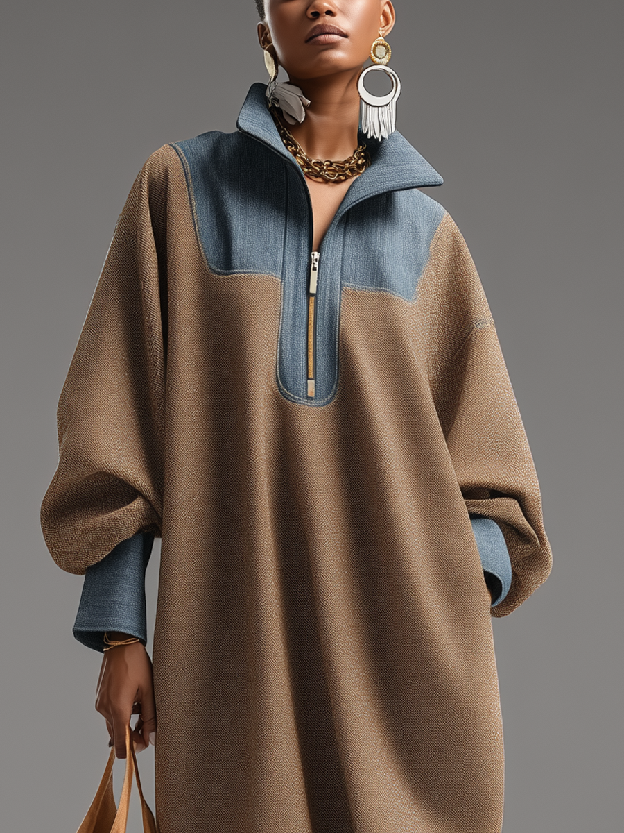 Women's Brown Double-Sided Brushing and Blue Denim Stand Collar Loose-Fitting Long Dress MDA0366K1T