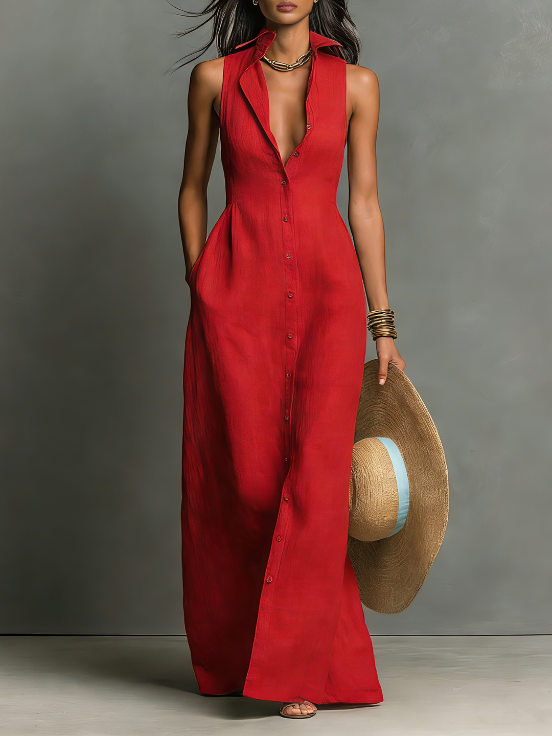 Women's Minimalist Linen-Blend Collared Single-Breasted Sleeveless Maxi Shirt Dress MDZ1011C0Y