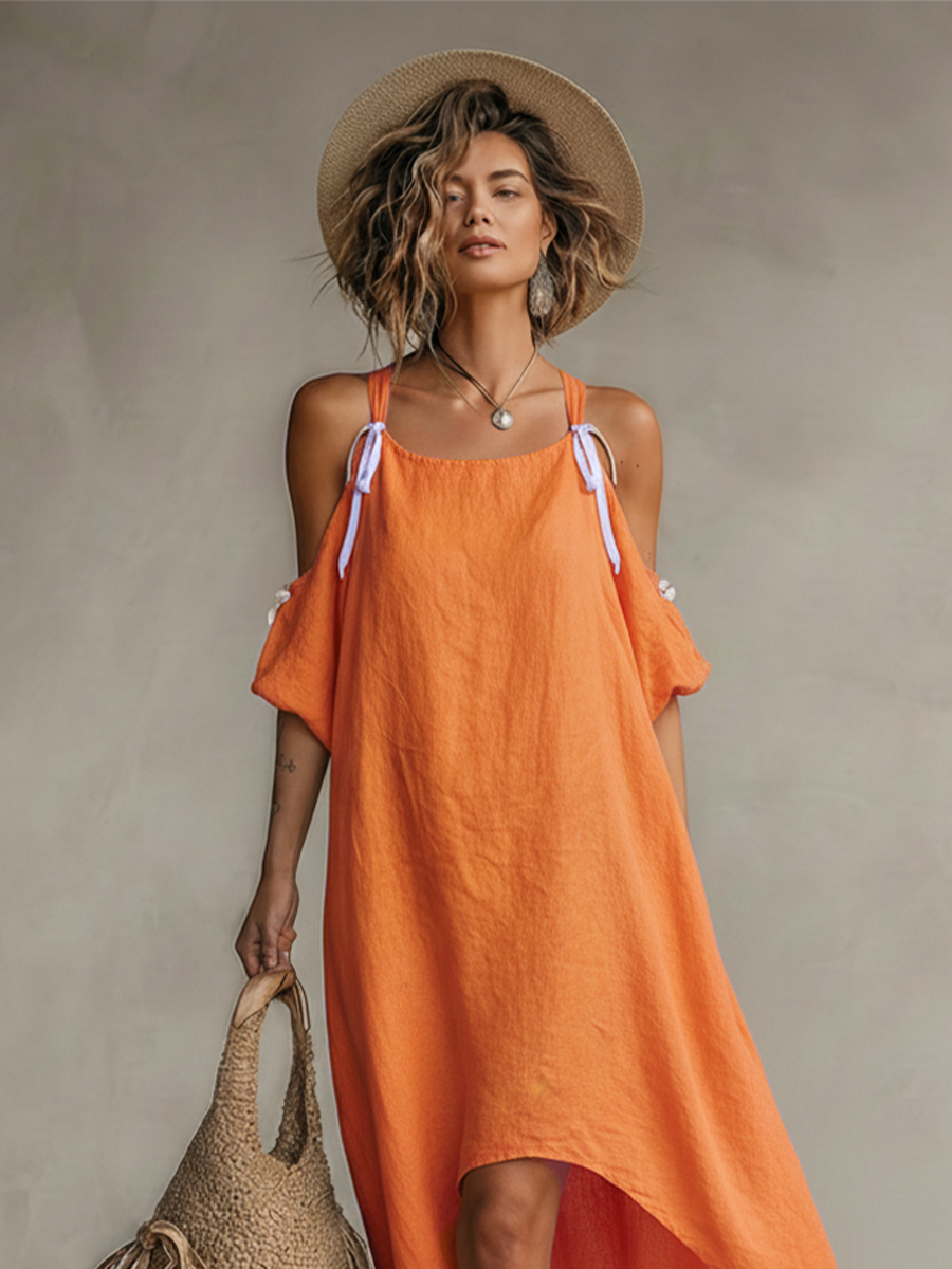 Women's Tangerine Linen Dress With Cold Shoulder & High-Low Hem, Timeless Boho-Resort Style Dress MDZ0337C4I