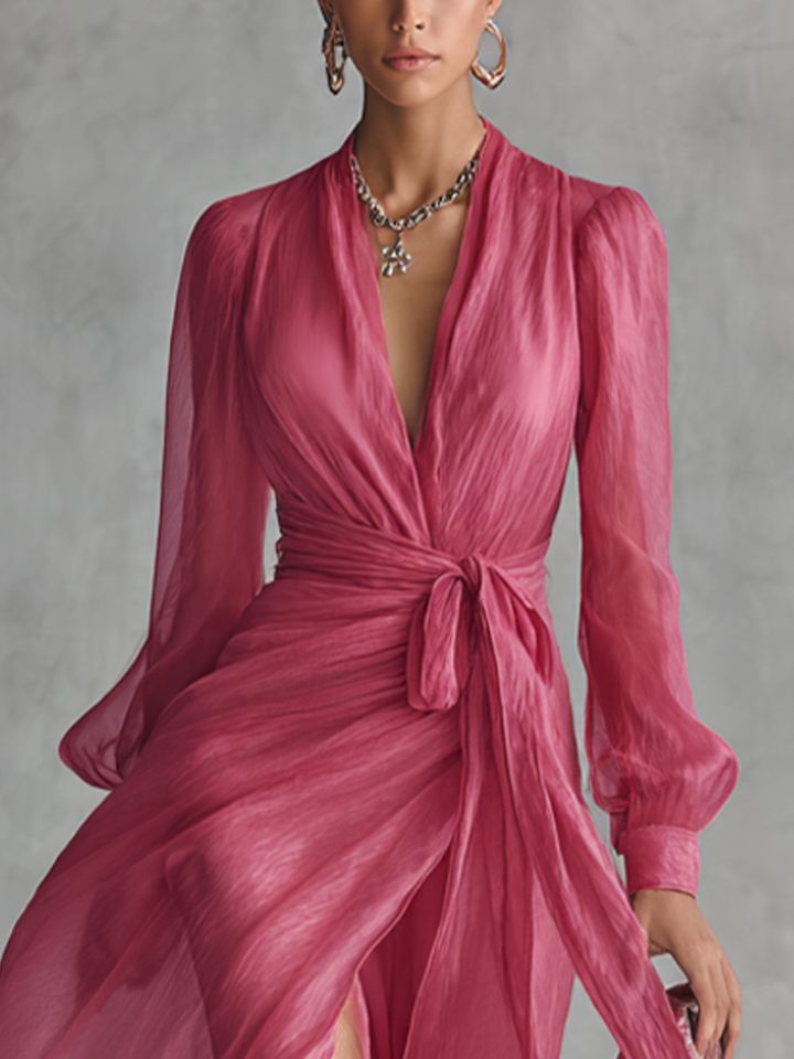 Women's Elegant Rose Pink Pearl Chiffon V-neck Tie-waist Long Dress MDZ1925A7BA