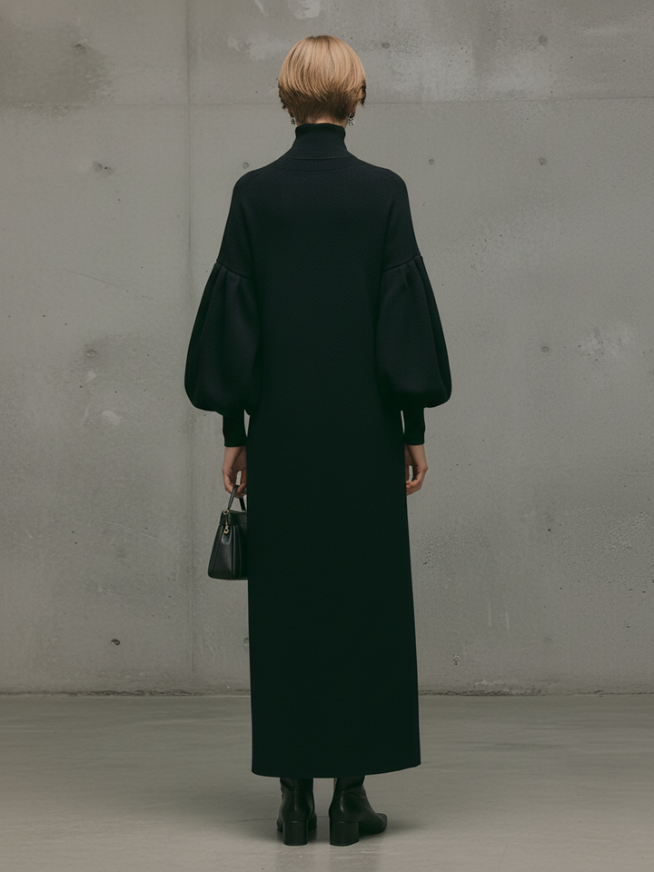 Women's Modern Black Turtleneck Puff-Sleeve Sweatshirt Maxi Dress MDA1503L6AU