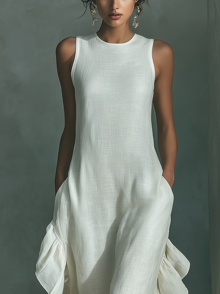 Women's Ivory Linen Fabric Sleeveless Maxi Dress With Round Neck & Ruffle Hem MDZ0973B9T