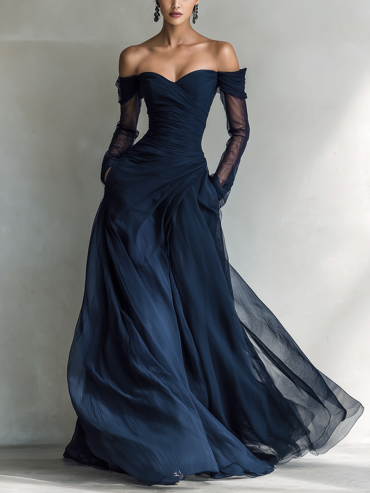 Women's Elegant Dark Blue Chiffon Organza Off-shoulder Long-sleeved Fitted Maxi Dress MDA1711L9AN