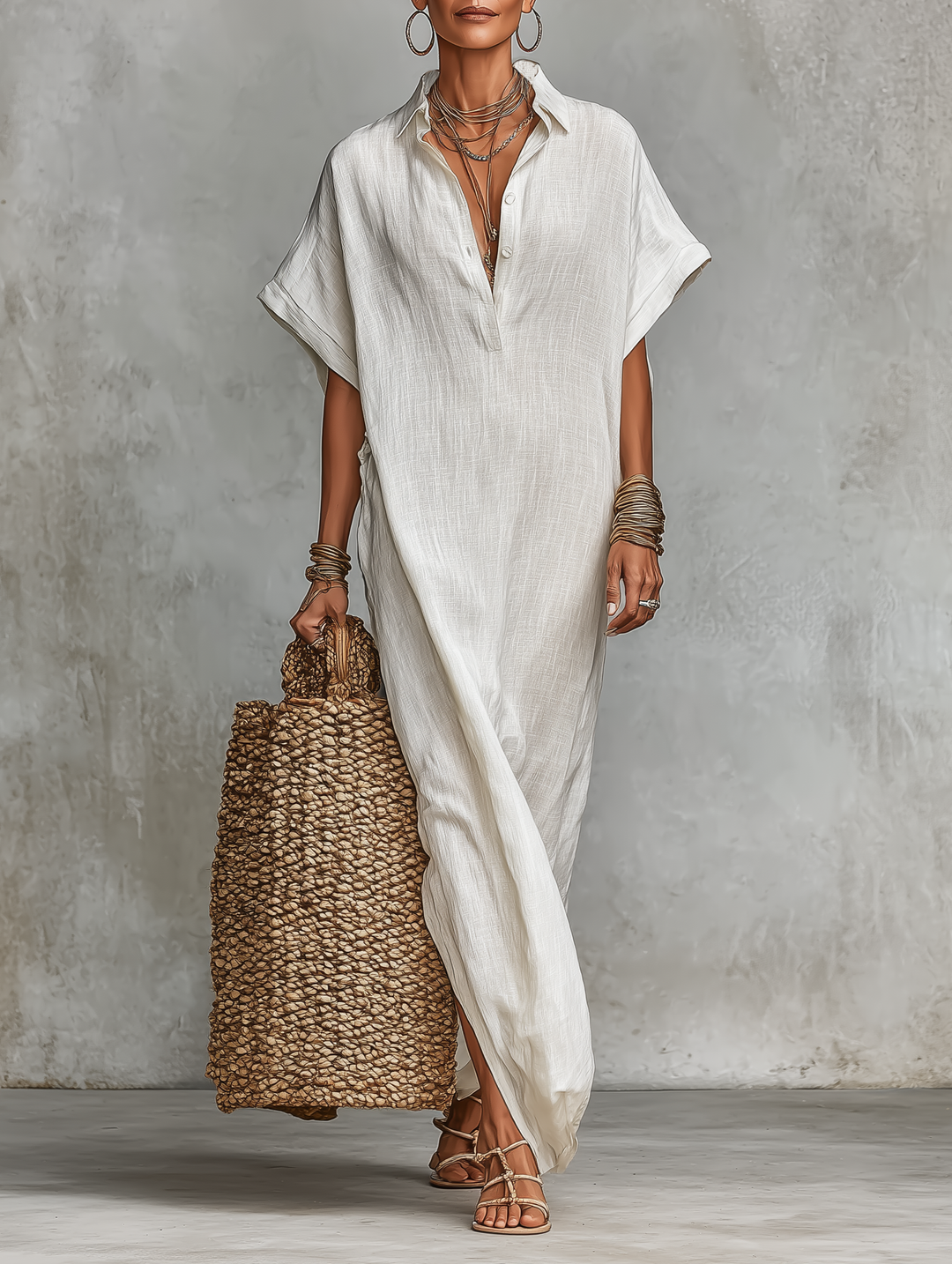 Women's Minimalist Loose-fitting Shirt Maxi Dress MDZ0678A4Y