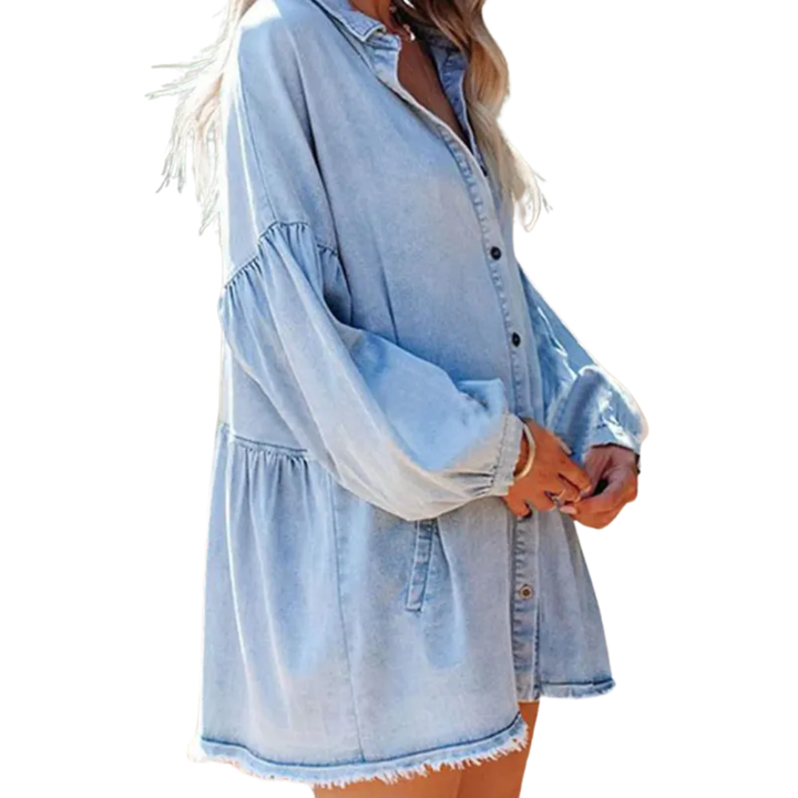 DELVINA™ – Oversized Distressed Denim Tunic Dress
