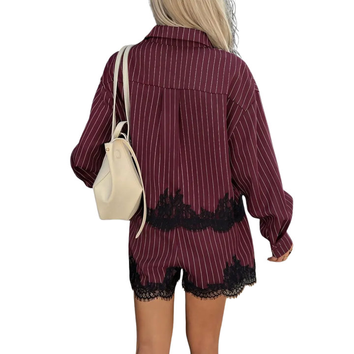 SOLÈNE™ – Lace Trim Striped Shirt & Shorts Set