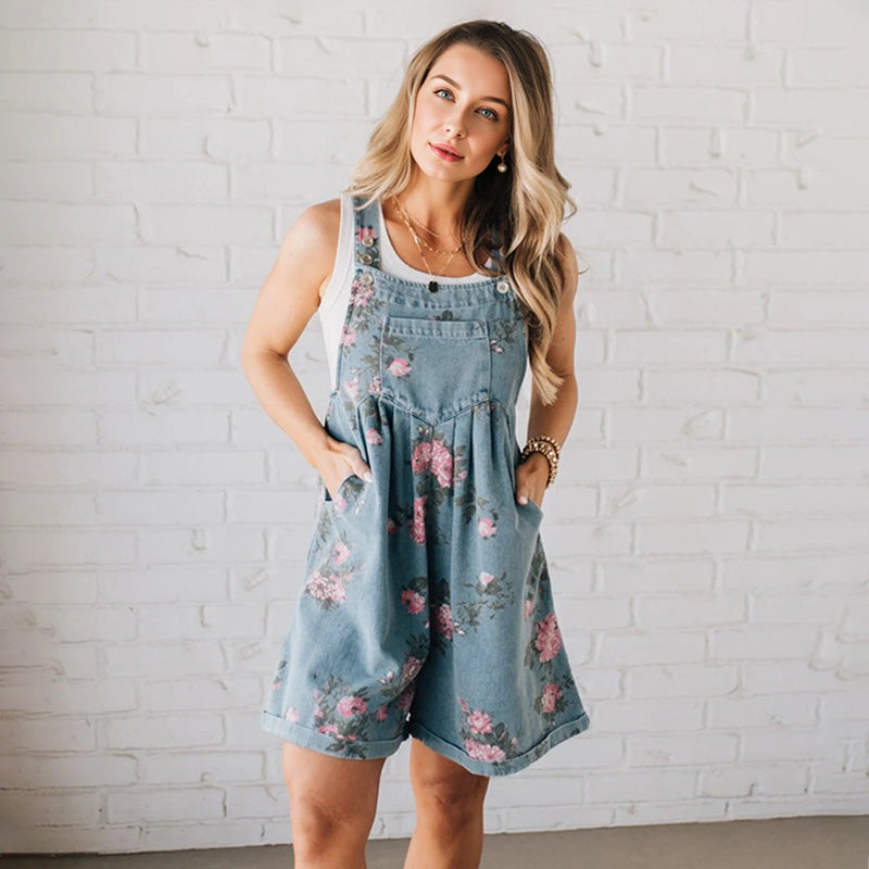Vintage Floral Printed Denim Jumpsuit