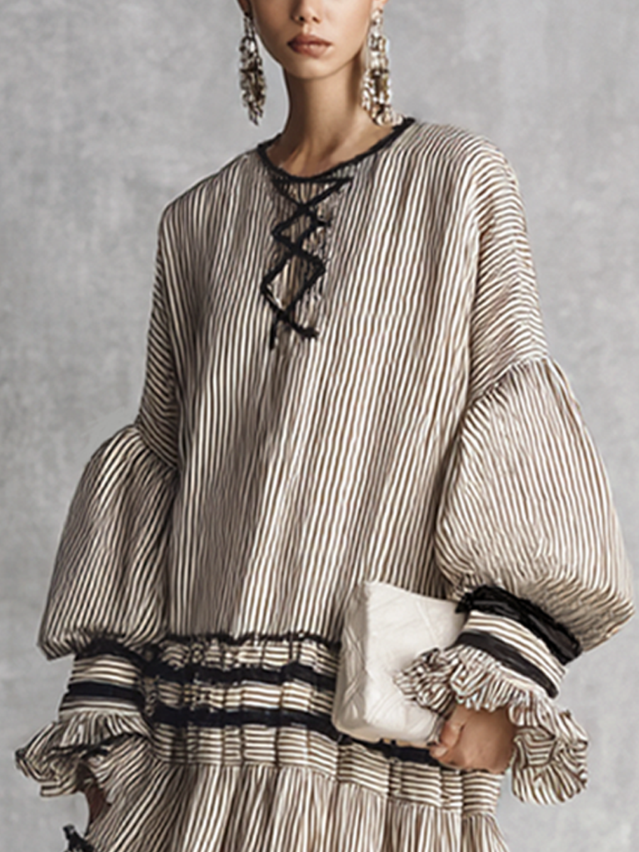 Women's Boho Striped Ruffle Tiered Cotton Blend Long Sleeve Maxi Dress MDZ1426B2BA