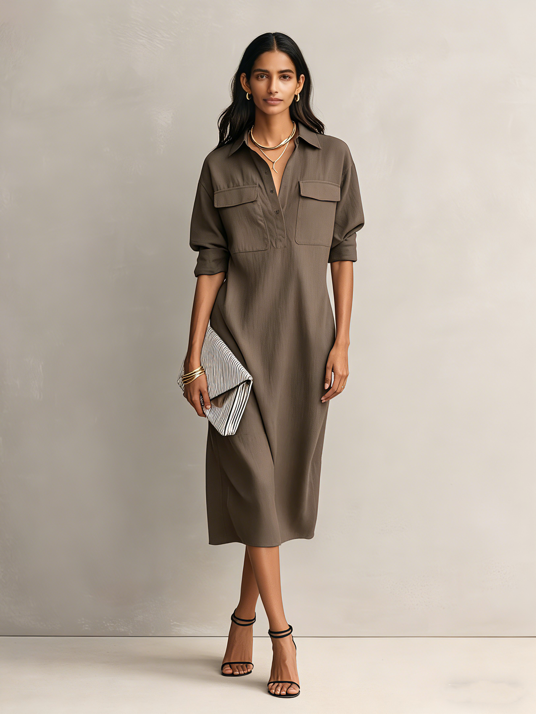 Women's Elegant Black Cotton-linen Blend Shirt Collar Short-sleeved Midi Dress MDZ0455C2AN