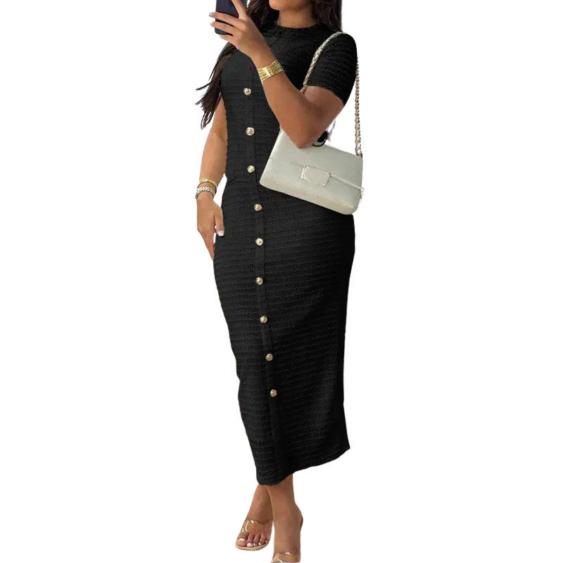 BRONWYN™ – Classic Zipper Back Dress with Faux Button Accent