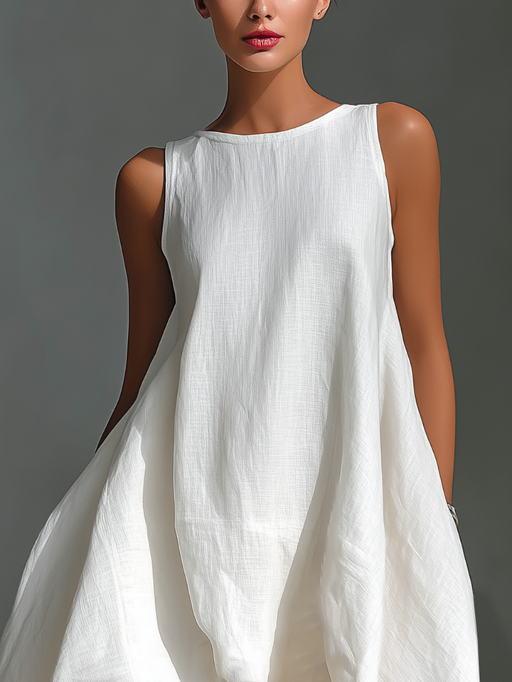 Women's White Linen Fabric Sleeveless Midi Dress With Round Neck & Asymmetric Hem MDZ0987B9T